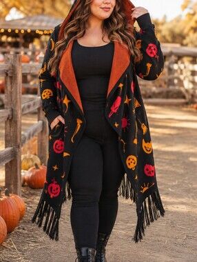 NWT Disney Hot Topic Hocus Pocus Halloween Hooded Fringe Cardigan Black Orange